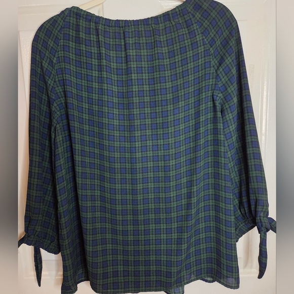 Talbots Green Navy Plaid Off Shoulder Blouse Large Petite - Picture 5 of 5